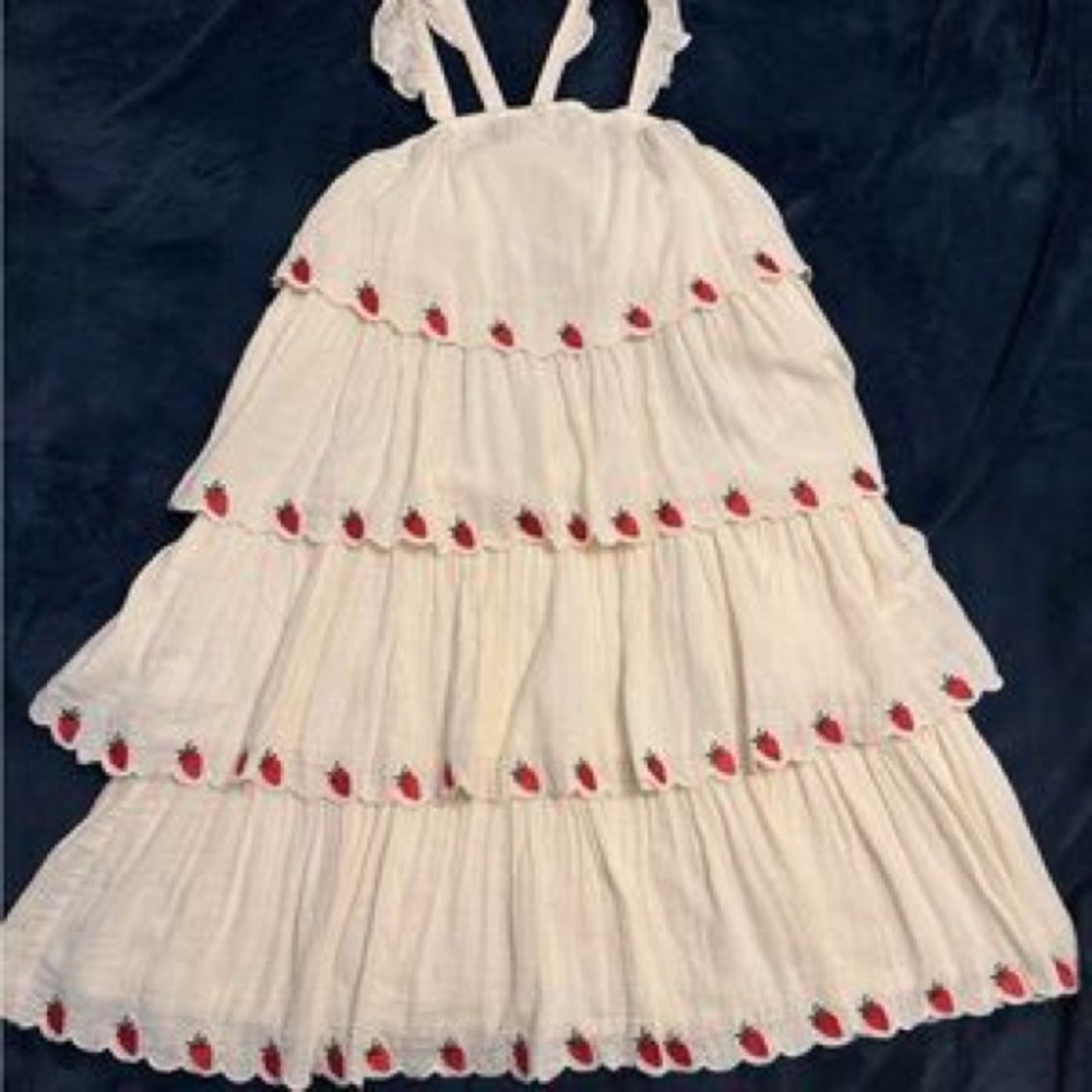 Hanna Andersson Cream Tiered Dress with Red Strawberry Trim